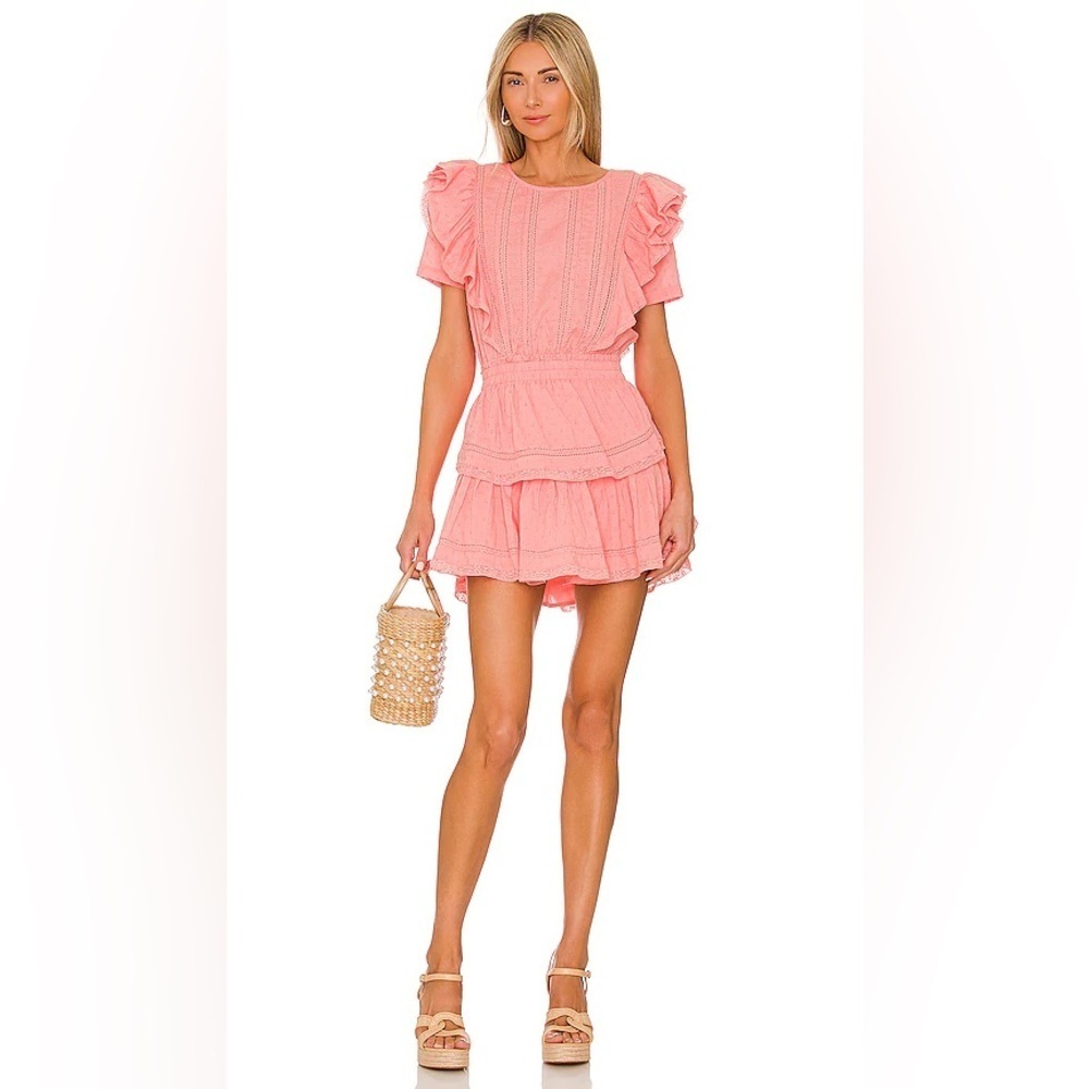 LoveShackFancy Coral Pink Tiered Ruffle Mini Dress